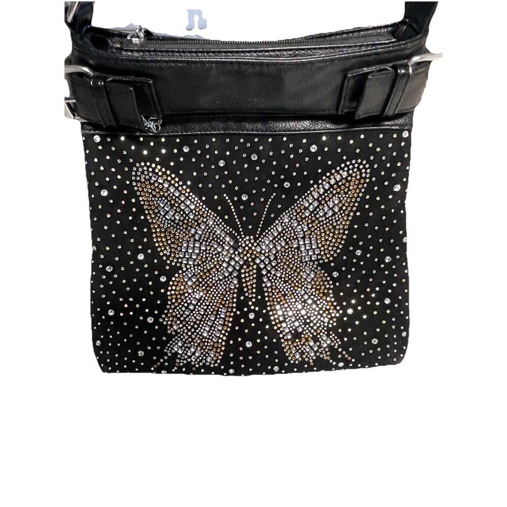 Rhinestone‎ Butterfly Crossbody Bag Vegan Leather Sling Purse EUC